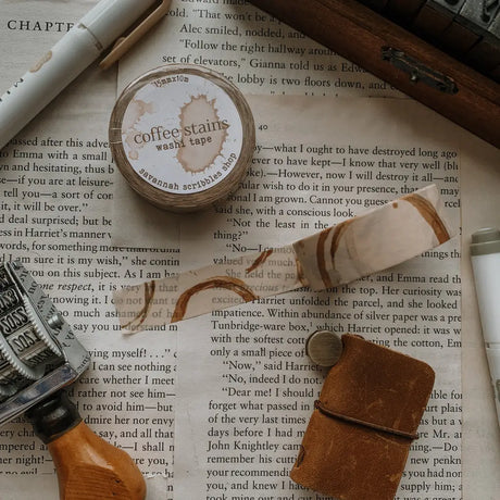 Washi tape with coffee stains made for journaling, scrapbooking, &amp; planning!

removable but not waterproof
15mm x 10m

color may vary slightly from your monitor
made in-house and handled with cozy care