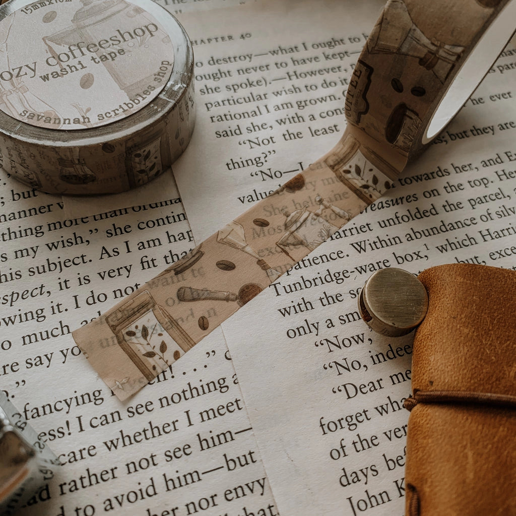 Washi tape with coffeeshop inspired doodles, apart of the cozy coffeeshop collection

15mm x 10m

color may vary slightly from your monitor
made in-house and handled with cozy care