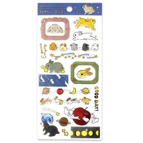 A sticker sheet with golden touches featuring rabbits surrounded by a sky full of stars is here to add both adorable and elegant touches to your journal pages