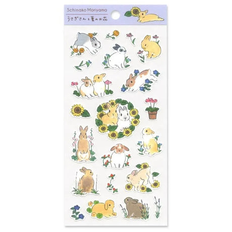 A sticker sheet with golden touches featuring rabbits jumping around in a summer field of flowers is here to add both adorable and elegant touches to your journal pages