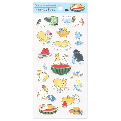 A sticker sheet with golden touches featuring rabbits participating in fun summer vacation activities is here to add both adorable and elegant touches to your journal pages