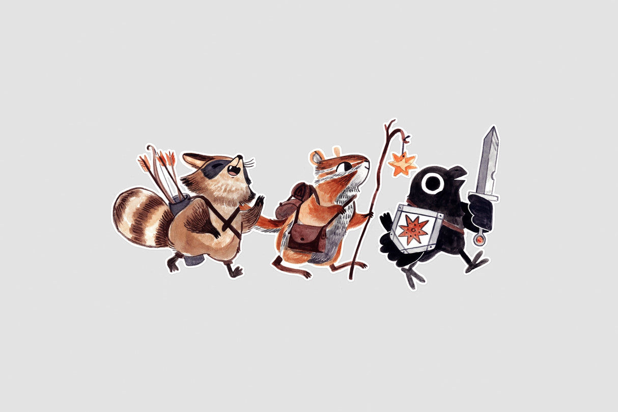 This adventuring part consists of a crow with a sword, a magic user who is a chipmunk and a rogue raccoon. But what raccoon is anything besides a rogue? They already have the mask! These three are ready for whatever dragons or dungeons they come across. D&D is one of my favorite activities and I'm having a hard time not making it my whole personality. 

Vinyl and water resistant, looks great on water-bottles or notebooks or laptops. 4.25" wide