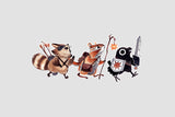 This adventuring part consists of a crow with a sword, a magic user who is a chipmunk and a rogue raccoon. But what raccoon is anything besides a rogue? They already have the mask! These three are ready for whatever dragons or dungeons they come across. D&D is one of my favorite activities and I'm having a hard time not making it my whole personality. 

Vinyl and water resistant, looks great on water-bottles or notebooks or laptops. 4.25" wide