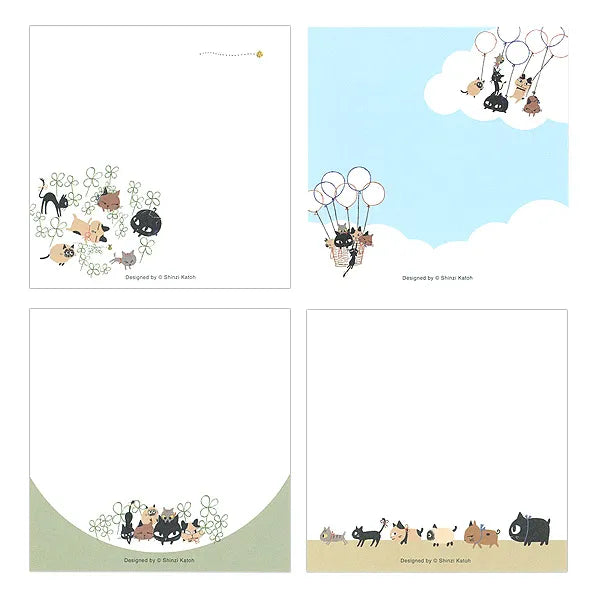 Shinzi Katoh Memo Pad - Uneven Cats Clover Set of four illustrated cards featuring cats in various scenarios.