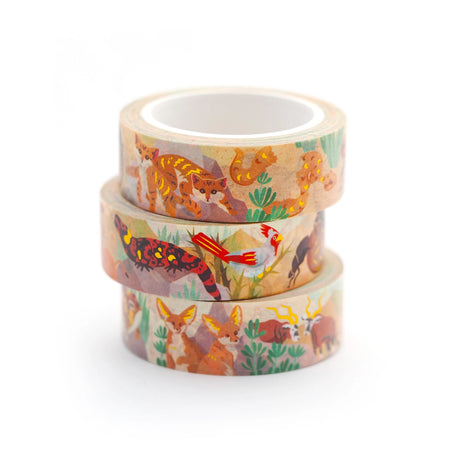 Don't leave your washi collection high and dry! Treat yourself with this desert washi tape, featuring 11 desert-dwelling species: fennec fox, gemsbok, dromedary camel, gila monster, desert cardinal, dung beetle, sand cat, sand viper, thorny devil lizard, jerboa, and desert rain frog.