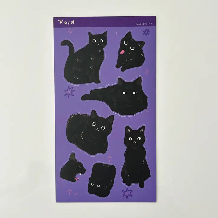 Shooley - Black Cat Vinyl Sticker Sheet

Matte vinyl sticker sheet.
Size: ~ 4 x 6 inches (10cm x 15cm), backing card 4 x 6.7 inch.
Each sticker sheet comes packaged in a sleeve with backing card.