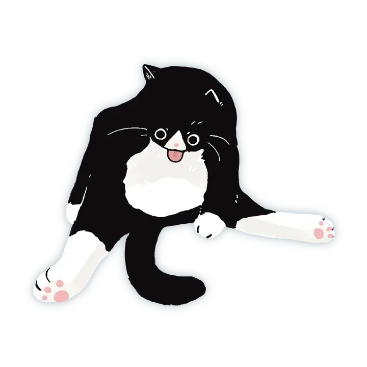 A silly tuxedo cat grooming itself.

Dishwasher safe
Size: 2.4” x 2.7”
Soft matte vinyl