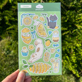 Matte vinyl sticker sheet.
Size: ~ 4 x 6 inches (10cm x 15cm), backing card 4 x 6.7 inch.
Each sticker sheet comes packaged in a sleeve with backing card.