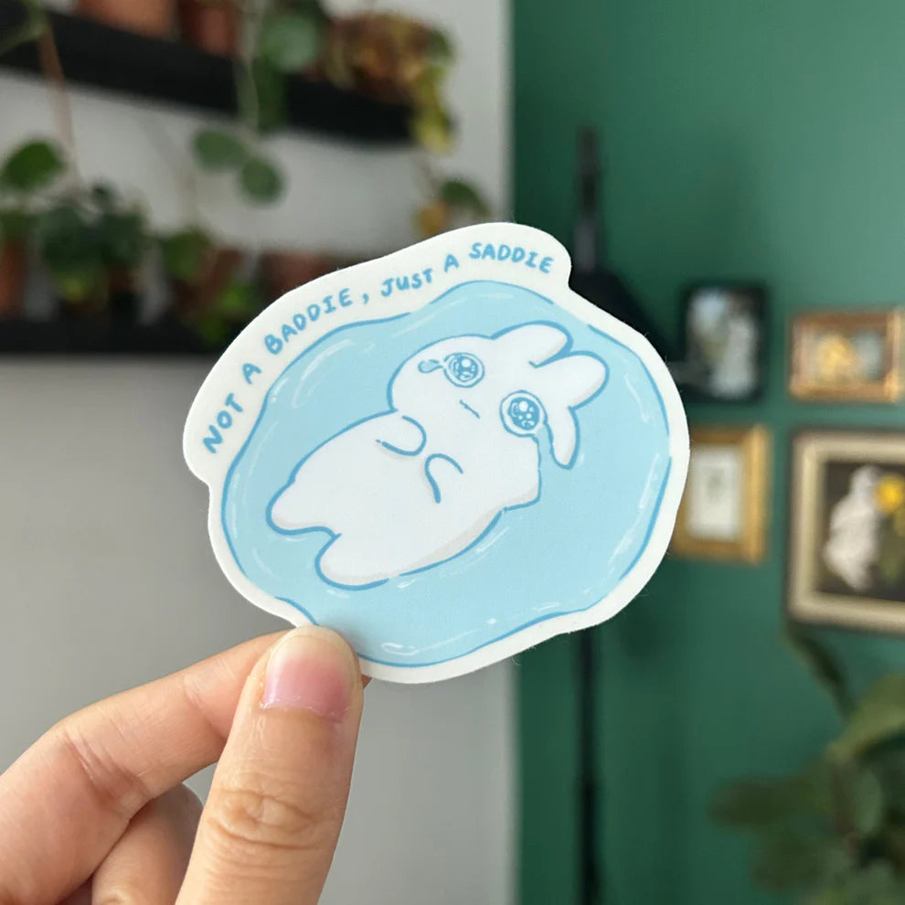 A funny sticker for the soft fragile saddies out there.

Dishwasher safe
Size: 2.4” x 2.7”
Soft matte vinyl