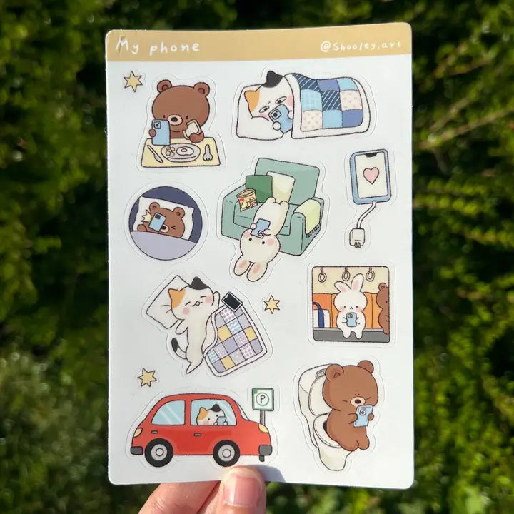You and your double digit screen time. Soft matte sticker sheet. Sticker material is dishwasher safe.

Matte vinyl sticker sheet
Size: ~ 4 x 6 inches (10cm x 15cm)&nbsp;
Each sheet has roughly 30 individual stickers.