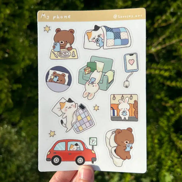You and your double digit screen time. Soft matte sticker sheet. Sticker material is dishwasher safe.

Matte vinyl sticker sheet
Size: ~ 4 x 6 inches (10cm x 15cm)&nbsp;
Each sheet has roughly 30 individual stickers.