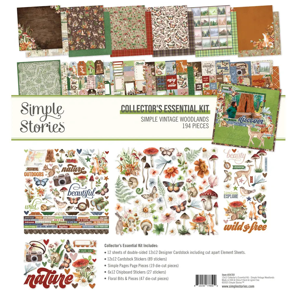 Simple vintage woodlands - collectors essentials kit 12 sheets of double-sided 12x12 designer cardstock including cut apart journal, tags and element sheets and a 12x12 cardstock sticker sheet (89), floral bits (47), 6x12 chipboard (27), page pieces (19); 194 pieces