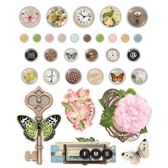 Perfect for card making, scrapbooking, junk journals and bookmaking, and any other paper crafting!

27 Self-adhesive Metal Brads and 5 Chipboard Pieces