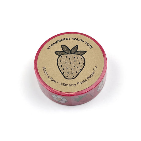 Strawberry and flower pattern washi tape.

Each roll is 15mm X 10m
Acid-free
Original Smarty Pants design
Individually shrink wrapped
Kraft label on top displays pattern of tape
White label on bottom with product information