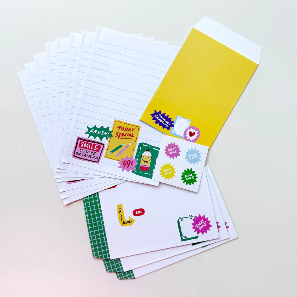 Letter writing set with a fun window signage theme by Karen Schipper.

Set includes:

8 5.82" x 8.26" writing sheets
4 illustrated envelopes
4 sticker seals