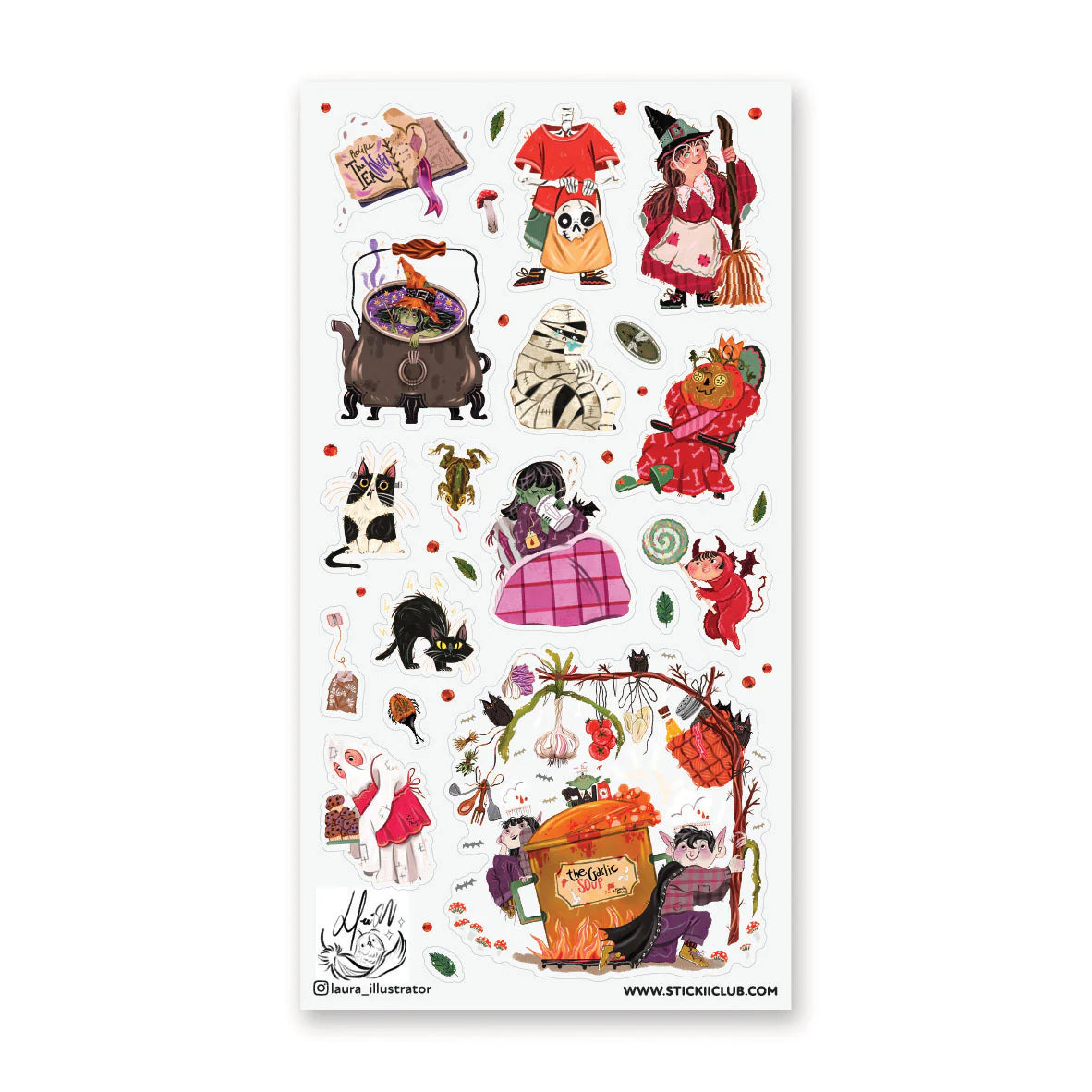 🧙🍲 Cook up some Halloween magic with @laura_illustrator’s wildly whimsical witchy crew! From bubbling cauldrons and spell-splattered cookbooks to mischievous familiars, spooky snacks, and magical kitchen chaos, this sheet is bursting with playful energy and charm. Every character looks caught mid-spell and mid-snack, serving up the perfect blend of spooky silliness and enchanted fun.

Art by: @laura_illustrator

Top Coating: None
Adhesive Layer: Paper
Backing Layer: Clear PET
6.69" x 3.54".
Weight - 0.03l