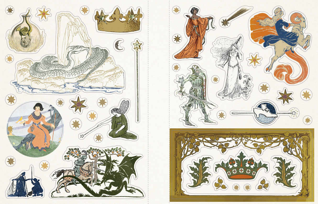 Wander into a magical world where fairies flit between wildflowers, midsummer maidens frolic in the moonlight, and whimsical woodland creatures wear top hats and toot trumpets. Invite enchantment and wonder into your life with this spellbinding sticker book, filled with fantastical curated images from the best-selling Sticker Emporium collection, Woodlandia.
This stunning sticker book contains more than 500 stickers with beautiful vintage fantasy and naturalist illustrations from the Gilded Age through the 