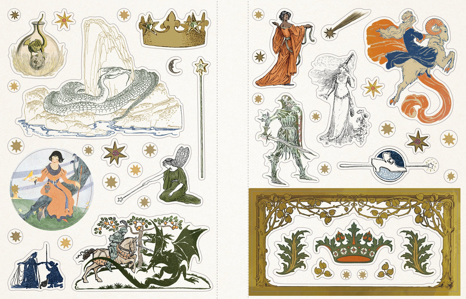 Wander into a magical world where fairies flit between wildflowers, midsummer maidens frolic in the moonlight, and whimsical woodland creatures wear top hats and toot trumpets. Invite enchantment and wonder into your life with this spellbinding sticker book, filled with fantastical curated images from the best-selling Sticker Emporium collection, Woodlandia.
This stunning sticker book contains more than 500 stickers with beautiful vintage fantasy and naturalist illustrations from the Gilded Age through the 