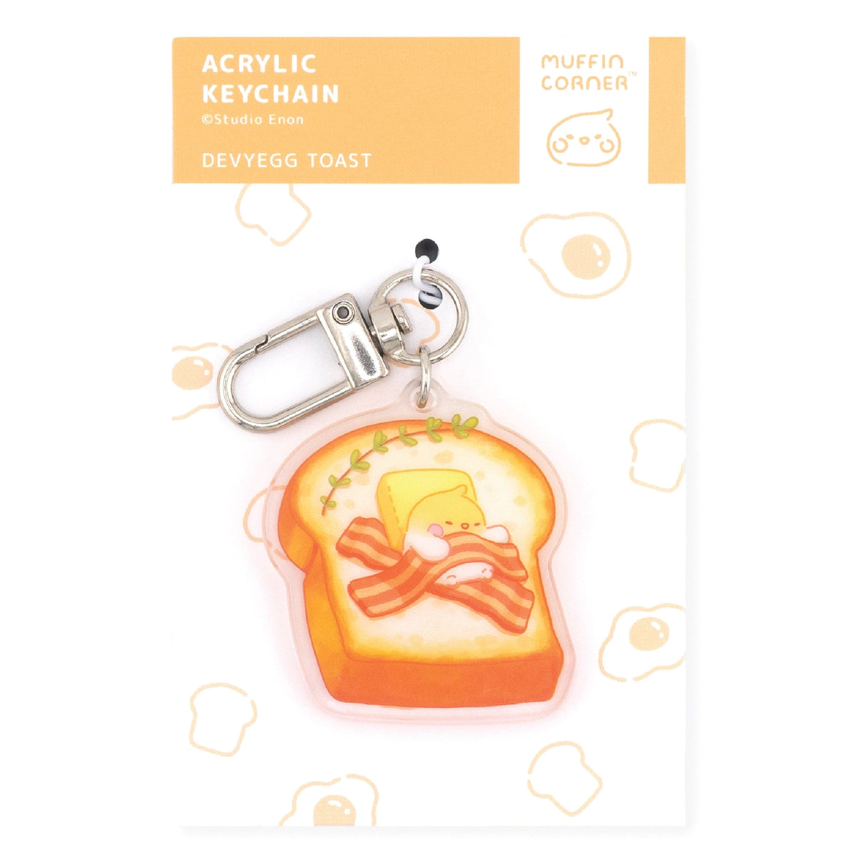 The Sweet Dreams keychains feature Muffin Corner characters sleeping on top of some of their favorite foods. Devyegg is sleeping a warm piece of toast after a late night of working.

Details:

Approximate Dimensions: 1.6” x 1.8” (4.1cm x 4.4cm)&nbsp;
Material: Acrylic
Double-sided
Comes with 1 Keychain