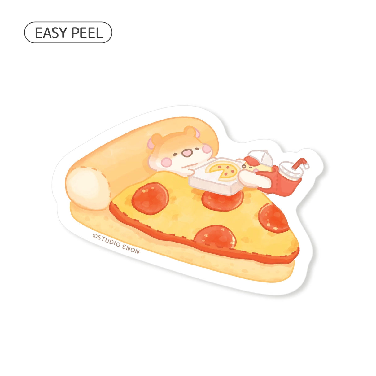 Muffinmaru is getting a midnight snack delivery. Refill your happiness meter with a big pizza. The matte coating on this sticker gives it a premium soft touch and the backing paper is cut for an easy peeling experience.

Dimensions: &nbsp;2.5” x 1.8” (6.5cm x 4.5cm)
Material: PP
Waterproof
Quantity: 1 sticker