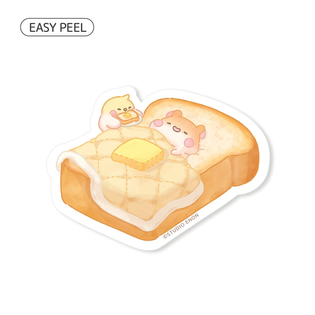 Muffinmaru about to enjoy a nice breakfast in bed that Devyegg prepared for him. The best way to start your day is with some toasty bread. The matte coating on this sticker gives it a premium soft touch and the backing paper is cut for an easy peeling experience.

Dimensions: 2.5” x 1.8” (6.3cm x 4.7cm)
Material: PP
Waterproof