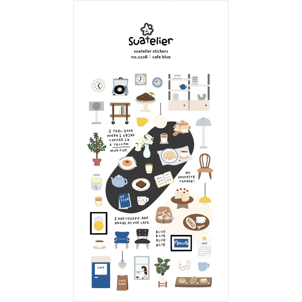 Bring the calm, cozy charm of a quiet café into your journal or planner with the Cafe Blue sticker sheet from Suatelier. Featuring soft blue tones and whimsical illustrations, this sheet captures the peaceful mood of slow mornings, warm drinks, and gentle everyday moments. Known for their soft colors and playful aesthetic, Suatelier stickers add an instant dose of warmth and whimsy wherever you place them.

Package measures approx. 8" x 3.5"
Includes 1 sticker sheet