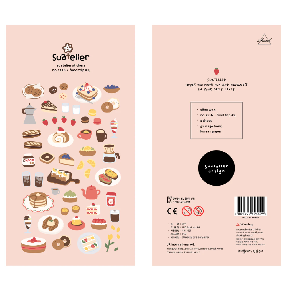 Celebrate your love of delicious eats with the Food Trip #4 sticker sheet from Suatelier. Filled with charming illustrations of tasty treats and foodie moments. Known for their soft colors and playful aesthetic, Suatelier stickers add an instant dose of warmth and whimsy wherever you place them.

• This package includes 1&nbsp;sheet of sticker
• Package measures approx. 8" x 3.5"