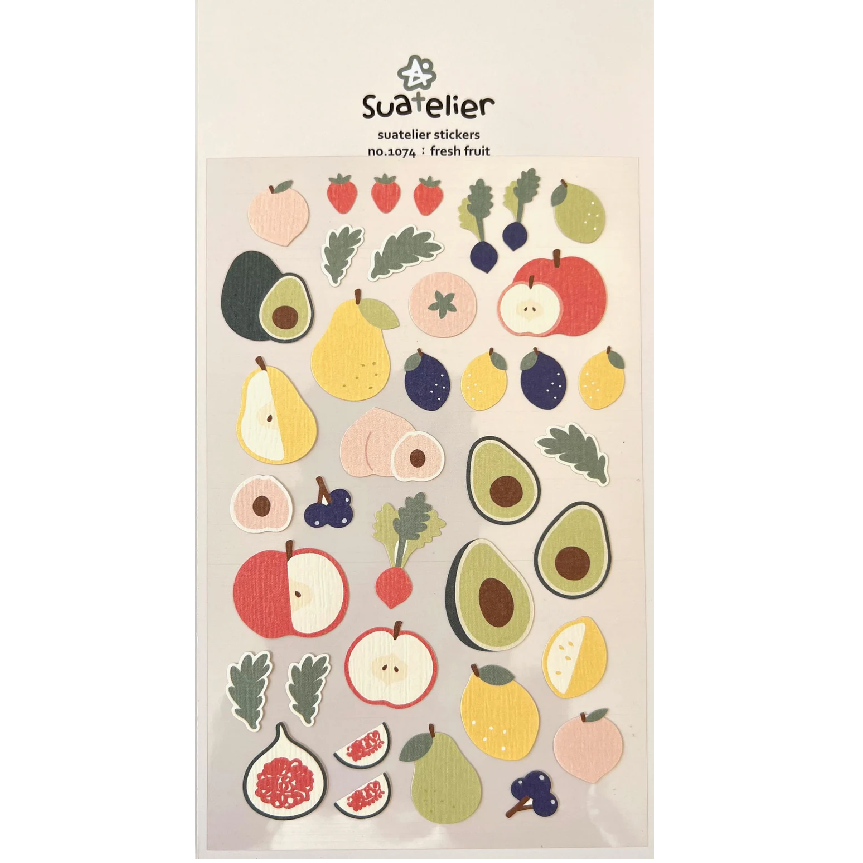 Add a burst of sweetness to your planners, journals, and creative projects with the Suatelier “Fresh Fruit” Sticker Sheet. Known for their soft colors and playful aesthetic, Suatelier stickers add an instant dose of warmth and whimsy wherever you place them.

This charming collection features a mix of vibrant, hand‑drawn fruit designs that bring a cheerful, summery touch to anything you decorate.

• This package includes 1&nbsp;sheet of sticker
• Package measures approx. 8" x 3.5"