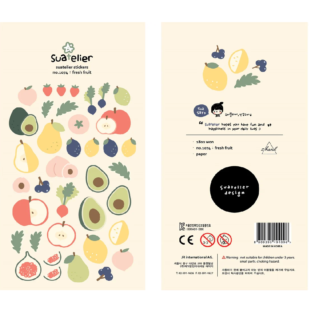 Add a burst of sweetness to your planners, journals, and creative projects with the Suatelier “Fresh Fruit” Sticker Sheet. Known for their soft colors and playful aesthetic, Suatelier stickers add an instant dose of warmth and whimsy wherever you place them.

This charming collection features a mix of vibrant, hand‑drawn fruit designs that bring a cheerful, summery touch to anything you decorate.

• This package includes 1&nbsp;sheet of sticker
• Package measures approx. 8" x 3.5"