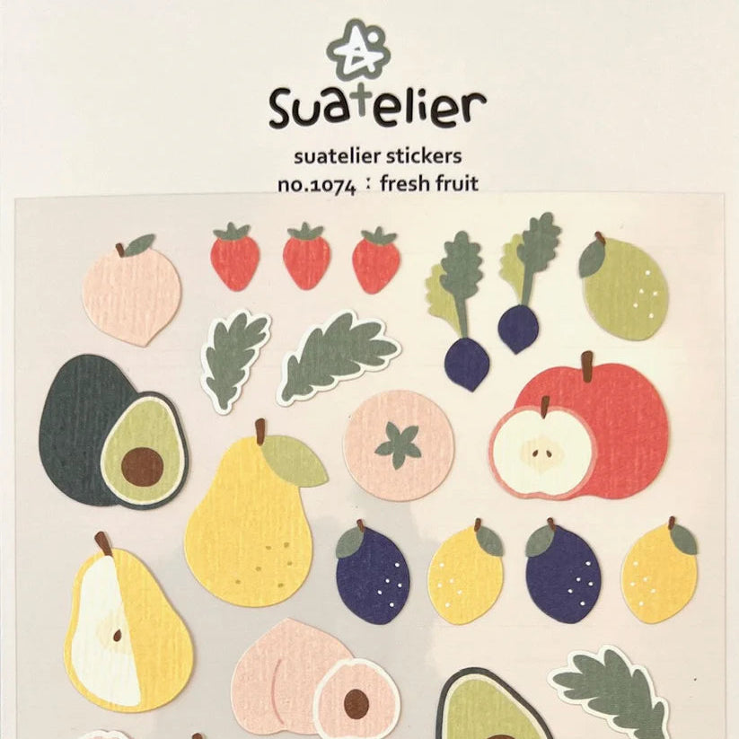 Add a burst of sweetness to your planners, journals, and creative projects with the Suatelier “Fresh Fruit” Sticker Sheet. Known for their soft colors and playful aesthetic, Suatelier stickers add an instant dose of warmth and whimsy wherever you place them.

This charming collection features a mix of vibrant, hand‑drawn fruit designs that bring a cheerful, summery touch to anything you decorate.

• This package includes 1&nbsp;sheet of sticker
• Package measures approx. 8" x 3.5"