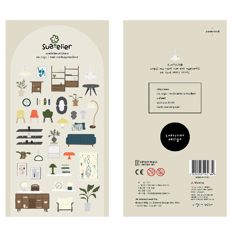 A charming Mid-Century Modern sticker sheet featuring retro furniture, lighting, and decor in warm, earthy tones. Perfect for adding a stylish vintage touch to journals, laptops, and planners.




• This package includes 1&nbsp;sheet of sticker
• Package measures approx. 8" x 3.5"