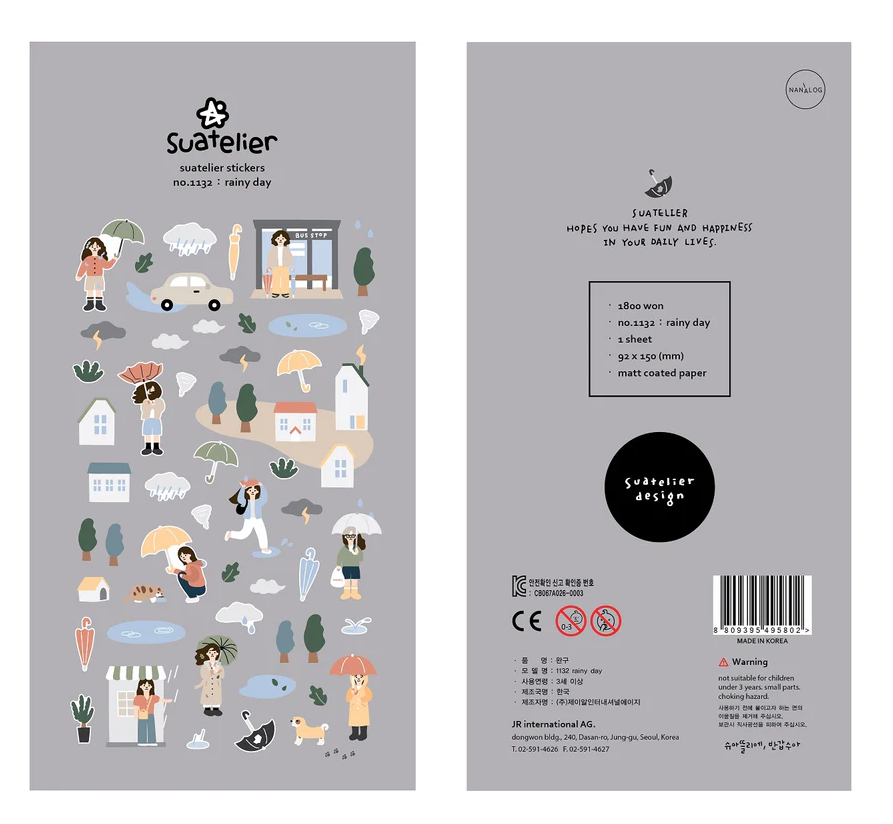 Add a soft, cozy touch to your journal or planner with this charming Rainy Day sticker sheet from Suatelier. Featuring gentle colors and whimsical illustrations, this sheet captures the peaceful mood of drizzly days.

• This package includes 1&nbsp;sheet of sticker
• Package measures approx. 8" x 3.5"
