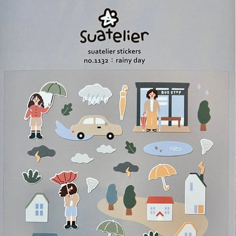 Add a soft, cozy touch to your journal or planner with this charming Rainy Day sticker sheet from Suatelier. Featuring gentle colors and whimsical illustrations, this sheet captures the peaceful mood of drizzly days.

• This package includes 1&nbsp;sheet of sticker
• Package measures approx. 8" x 3.5"
