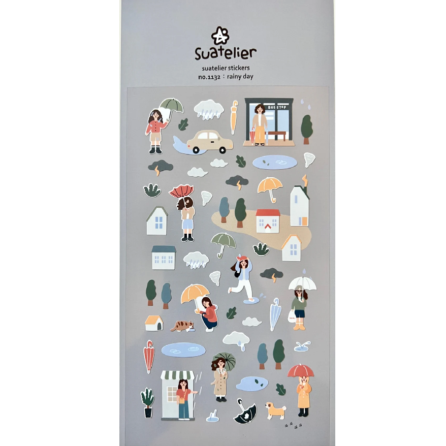 Add a soft, cozy touch to your journal or planner with this charming Rainy Day sticker sheet from Suatelier. Featuring gentle colors and whimsical illustrations, this sheet captures the peaceful mood of drizzly days.

• This package includes 1&nbsp;sheet of sticker
• Package measures approx. 8" x 3.5"