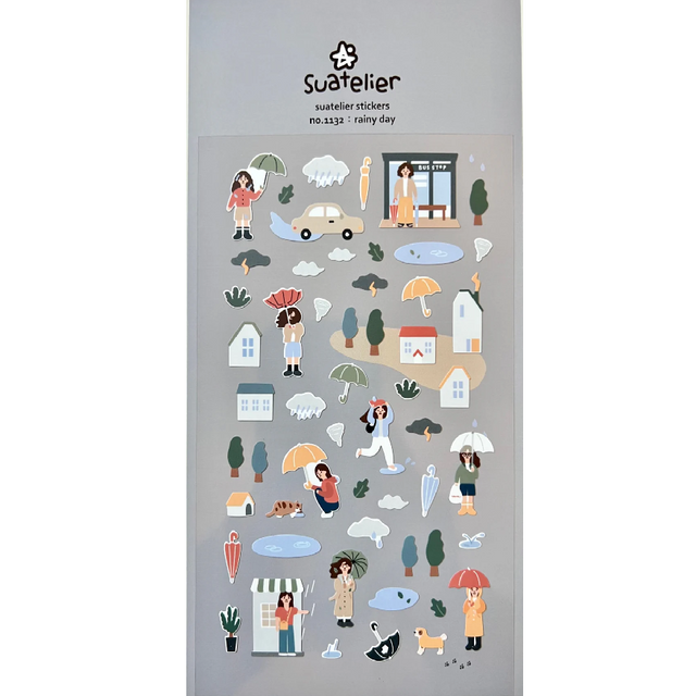Add a soft, cozy touch to your journal or planner with this charming Rainy Day sticker sheet from Suatelier. Featuring gentle colors and whimsical illustrations, this sheet captures the peaceful mood of drizzly days.

• This package includes 1&nbsp;sheet of sticker
• Package measures approx. 8" x 3.5"