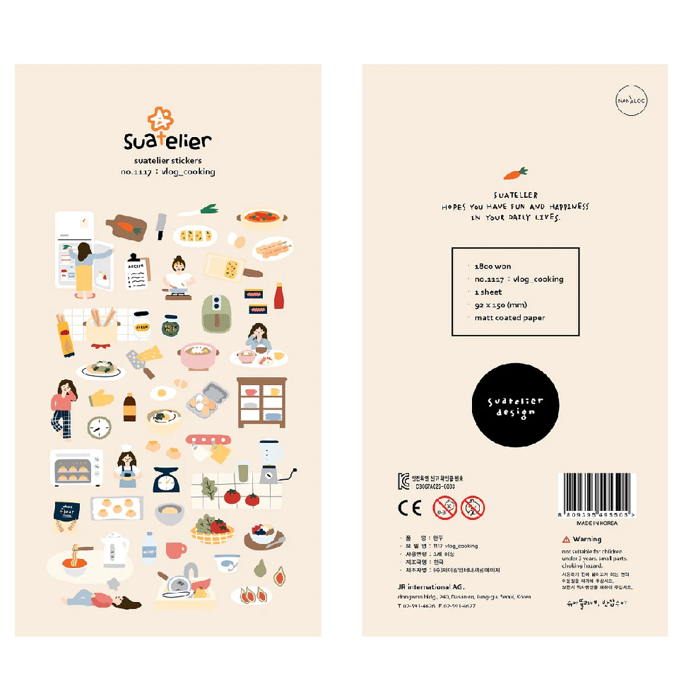 Bring cozy kitchen vibes to your journal, planner, or creative projects with this charming Suatelier sticker sheet. Designed with the warm, whimsical style Suatelier is loved for, this sheet captures everyday cooking moments—perfect for food lovers, vloggers, and anyone who enjoys documenting life’s simple pleasures.

• This package includes 1&nbsp;sheet of sticker
• Package measures approx. 8" x 3.5"