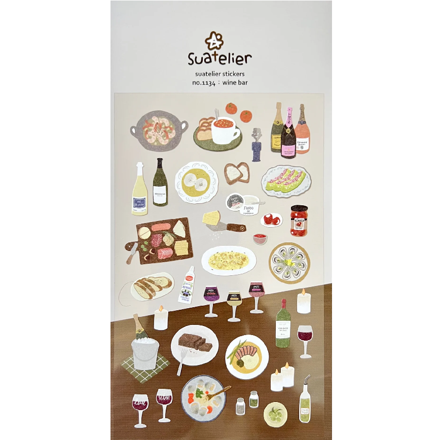 Bring a cozy, charming atmosphere to your planners, journals, and creative projects with the Suatelier “Wine Bar” Sticker Sheet. This beautifully illustrated set captures the warm, intimate feel of a night out. Suatelier’s signature soft colors and minimalist illustrations make this sheet an easy match for any stationery style.

• This package includes 1&nbsp;sheet of sticker
• Package measures approx. 8" x 3.5"