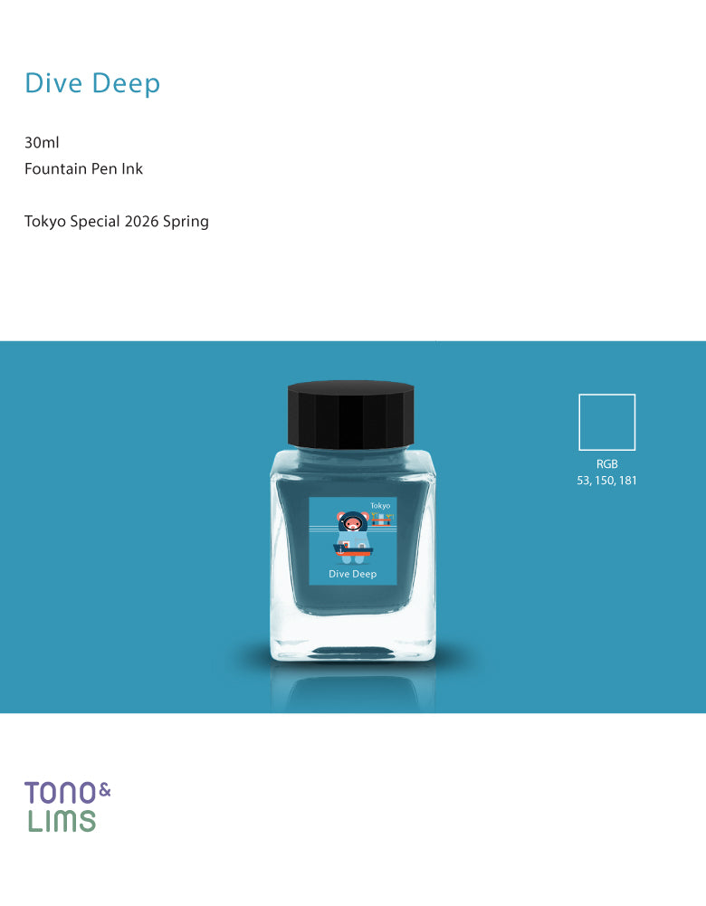 Dive Deep Ink

The Tokyo Special 2026 Collection inks are inspired by the essence of Tokyo and were released as a Tokyo exclusive in the Spring of 2026.&nbsp;

RGB: 53, 150, 181

Blue

30ml