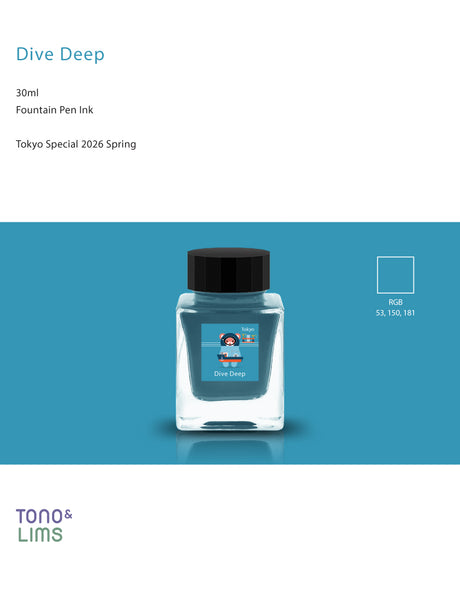 Dive Deep Ink

The Tokyo Special 2026 Collection inks are inspired by the essence of Tokyo and were released as a Tokyo exclusive in the Spring of 2026.&nbsp;

RGB: 53, 150, 181

Blue

30ml