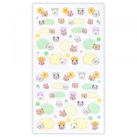 This sticker has a translucent and matte texture that blends in with the notebook.
It can be separated with perforations and carried as much as necessary.
The design features animals such as rabbits, sheep, and bears chatting about their plans and notes.


1 Sheet included
165× 90mm
Transparent seal