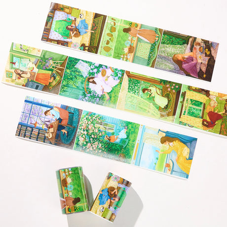 Bring the tranquility of a slow Sunday morning to your journal spreads with our Garden Daydreams Wide Tape. This stunning, extra-wide roll features continuous scenic paintings that capture the beauty of quiet, domestic moments.