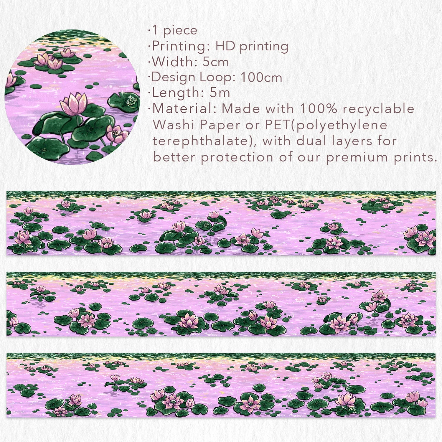 Immerse yourself in the serenity of dusk with the Lotus Silhouette Washi/PET Tape. This tape captures the quietest moment on the pond, right as the sun dips below the horizon. The design features elegant lotuses floating on calm water, their usual bright colors softened into a deep, romantic pink by the fading sunset light. These aren't just flowers; they are reflections of the sky, "blushing" in the twilight.