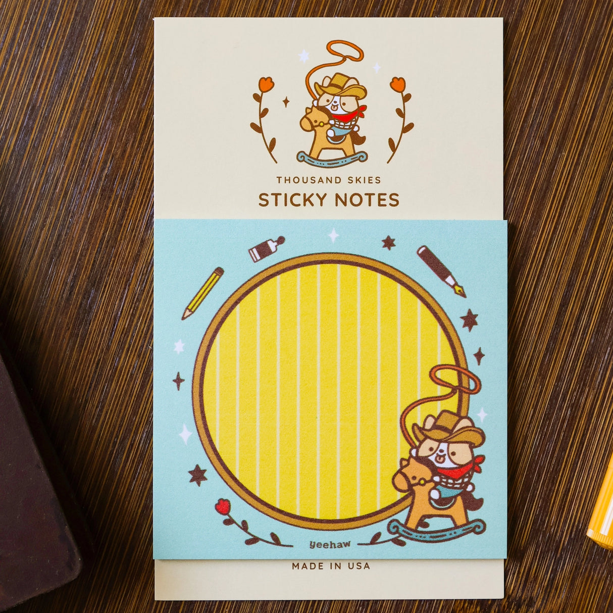 Full color sticky notes featuring a corgi dressed as a cowboy

3x3 inches
25 sheets
Printed with 3M