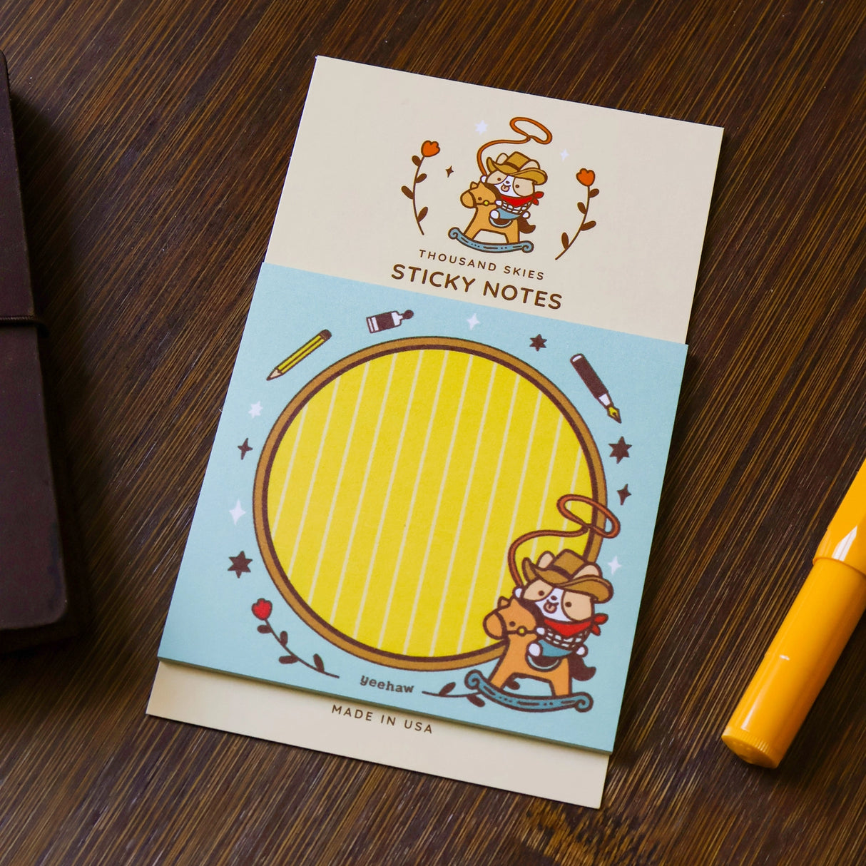 Full color sticky notes featuring a corgi dressed as a cowboy

3x3 inches
25 sheets
Printed with 3M