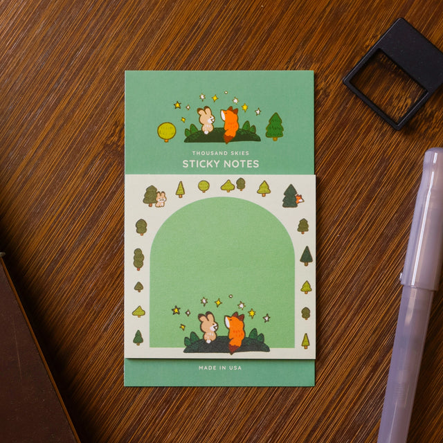 Full color sticky notes featuring a heartwarming moment in the forest between a bunny and a fox

3x3 inches
25 sheets
Printed with 3M