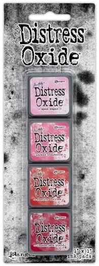 Tim Holtz Distress Mini Oxide Ink Pads are a collection of 1 x 1 cubes featuring water-reactive dye &amp; pigment ink fusion that creates an oxidized effect when sprayed with water. Like their larger counterpart, the Mini Oxide Ink Pads have a raised felt pad with fade resistant ink that coordinates with the full Distress palette of colors. Each ink pad is stackable. Use with stamps, stencils, and direct to surface.