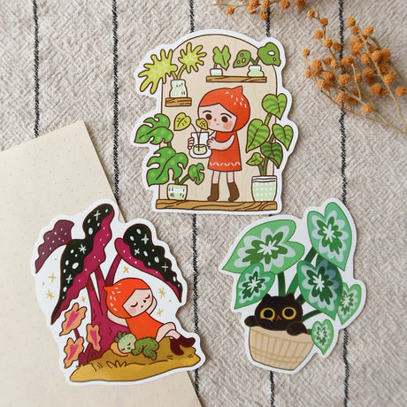 A whimsical set of 3 vinyl stickers featuring Tiny Kikimo and friends on their little adventures.