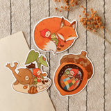 A whimsical set of 3 vinyl stickers featuring Tiny Kikimo and friends on their little adventures.