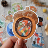 A whimsical set of 3 vinyl stickers featuring Tiny Kikimo and friends on their little adventures.