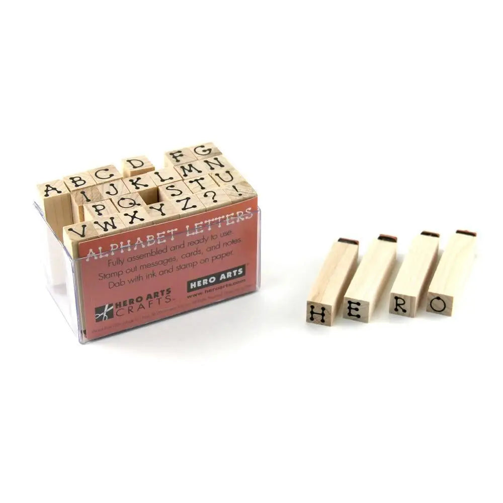 The Hero Arts Printer's Type Alphabet set contains 28 woodblock stamps in a cute dotted font.

Hero Arts woodblock stamp sets are designed and packaged for stamping perfection. They are mounted on North American maple from sustainable forests for precision and long-lasting quality. Each set features original designs from our award-winning design team that matches the styles and trends of the day.